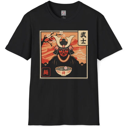 Flatlay of black shirt with bold samurai, noodles, cherry blossoms, ramen t-shirt, modern tradition.