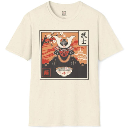 Flatlay of natural shirt with samurai, cherry blossoms, noodles, japanese t-shirts, cultural pride.