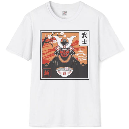 Flatlay of white shirt with fierce samurai, noodles, cherry blossoms, japanese t-shirts, samurai ramen.