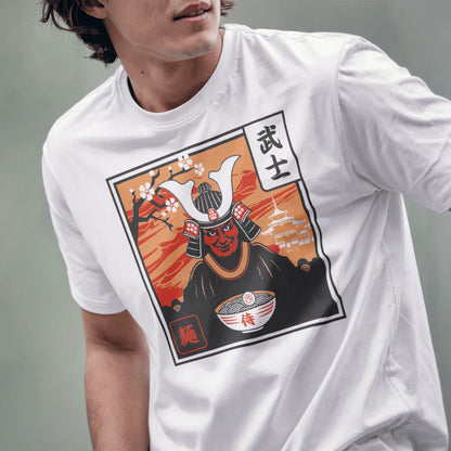 Male model in white t-shirt with samurai, noodles, cherry blossoms, japanese t-shirts, cultural symbols.