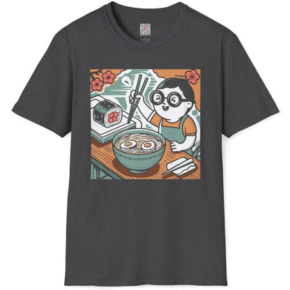 Comic-style ramen and sushi design on dark heather t-shirt. ramen t-shirt, foodie style