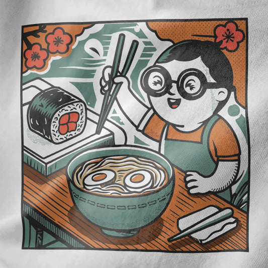 Cheerful child with glasses and ramen bowl, comic style on white fabric. ramen t-shirt, playful charm, kawaii sushi