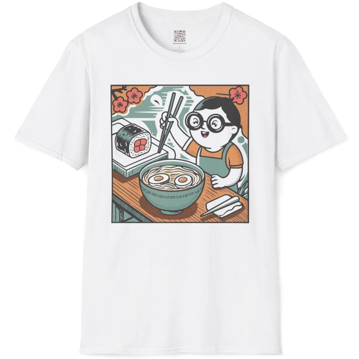 Comic-style ramen and sushi design on white flatlay t-shirt. ramen t-shirt, sushi t-shirt, foodie style
