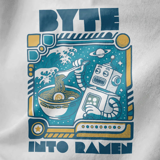 Close-up of robot ramen design on white fabric, featuring bold typography and cosmic background.