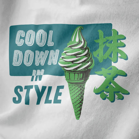 Green matcha ice cream cone with retro text on white fabric, featuring Japanese characters and pastel aesthetics.