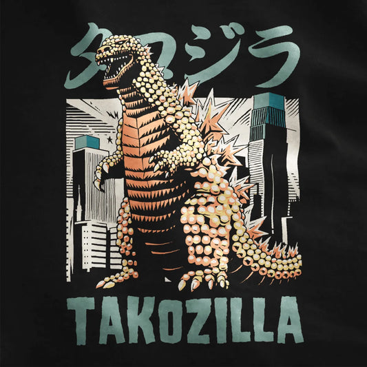 Closeup of Takozilla monster with takoyaki and cityscape on black shirt, junk food shirt, kaiju art.