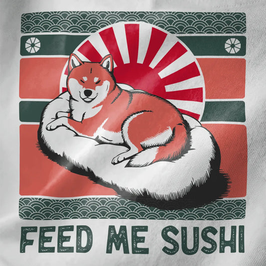 Shiba Inu resting on sushi roll with red sunburst and wave patterns, white shirt, sushi t-shirt, shiba inu shirt.