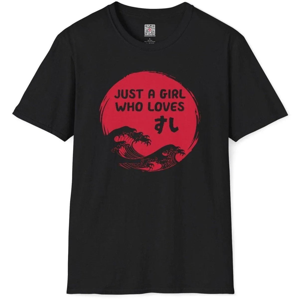 Flatlay of black sushi t-shirt with red sun, bold text, and minimalist waves. Japanese style shirts, i love sushi shirt.
