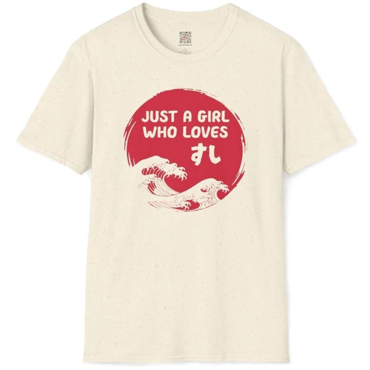 Natural color sushi tee flatlay with red circle, bold phrase, and artistic waves. Japanese t-shirts, symbolism japan.
