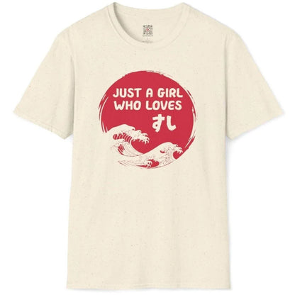 Natural color sushi tee flatlay with red circle, bold phrase, and artistic waves. Japanese t-shirts, symbolism japan.