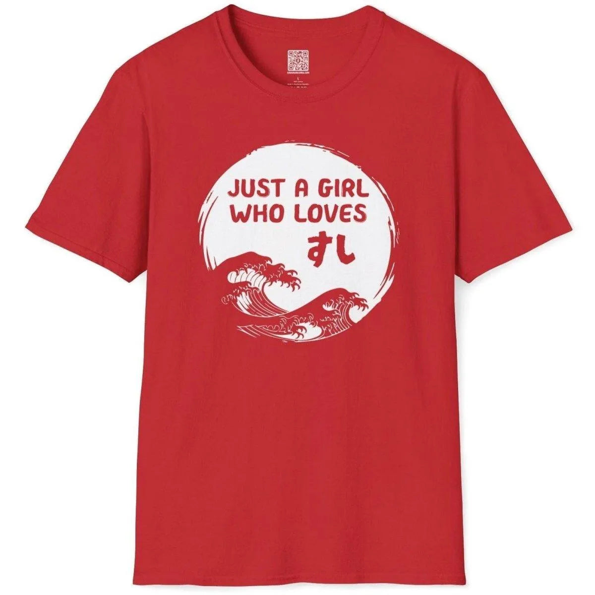 Red flatlay of sushi-themed shirt with white and red design, playful font, and wave motif. I love sushi t shirt.
