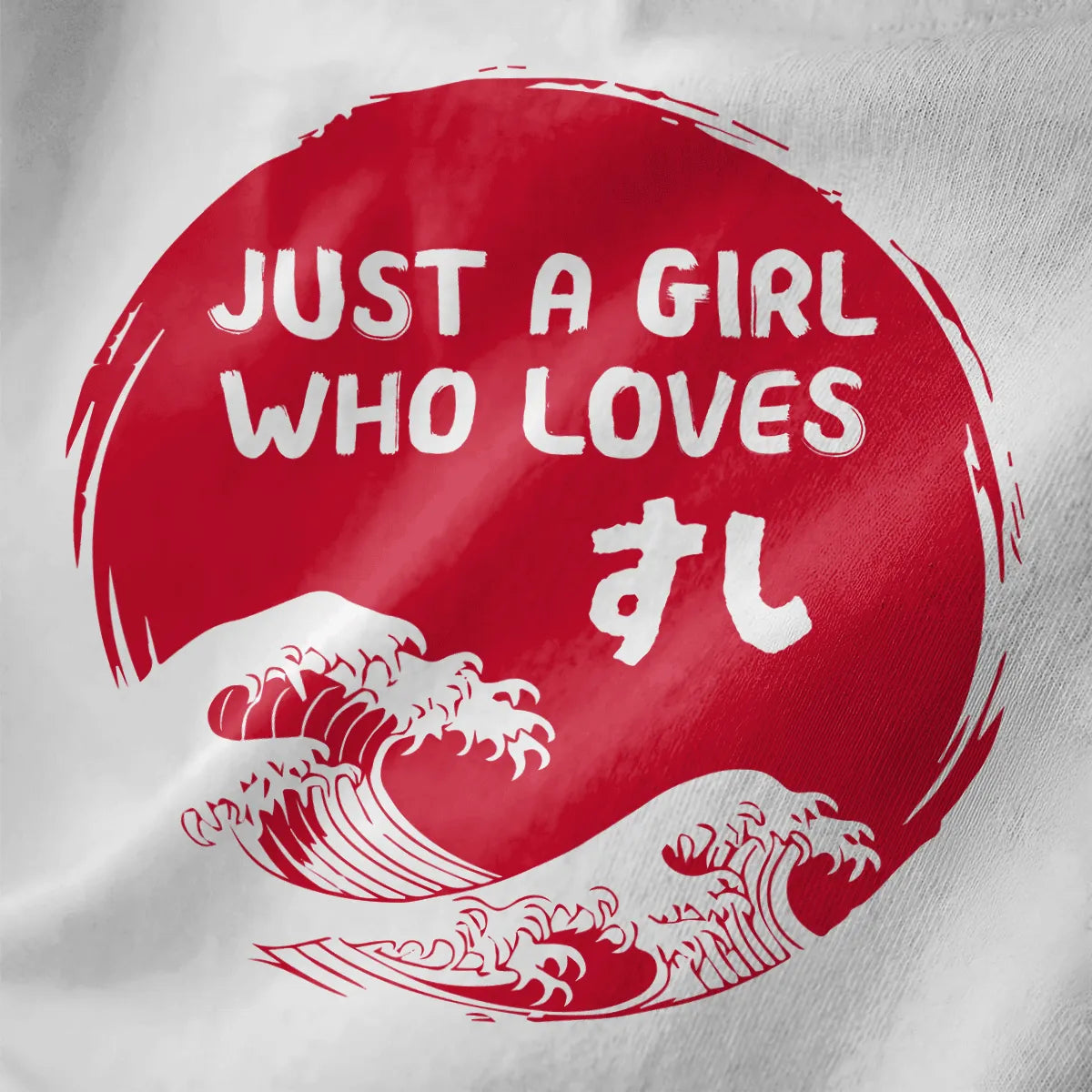 Bold red sun emblem and stylized waves on white fabric, modern sushi t shirt design, japanese wave hokusai.