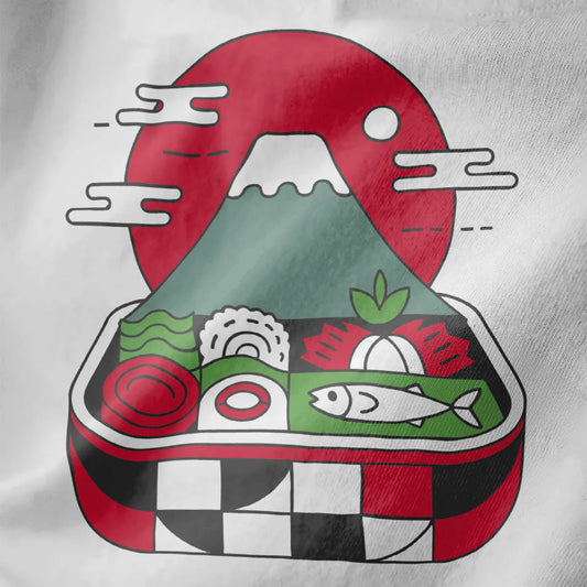 Stylized Japanese bento box with Mount Fuji and rising sun, white fabric close-up, bold colors.