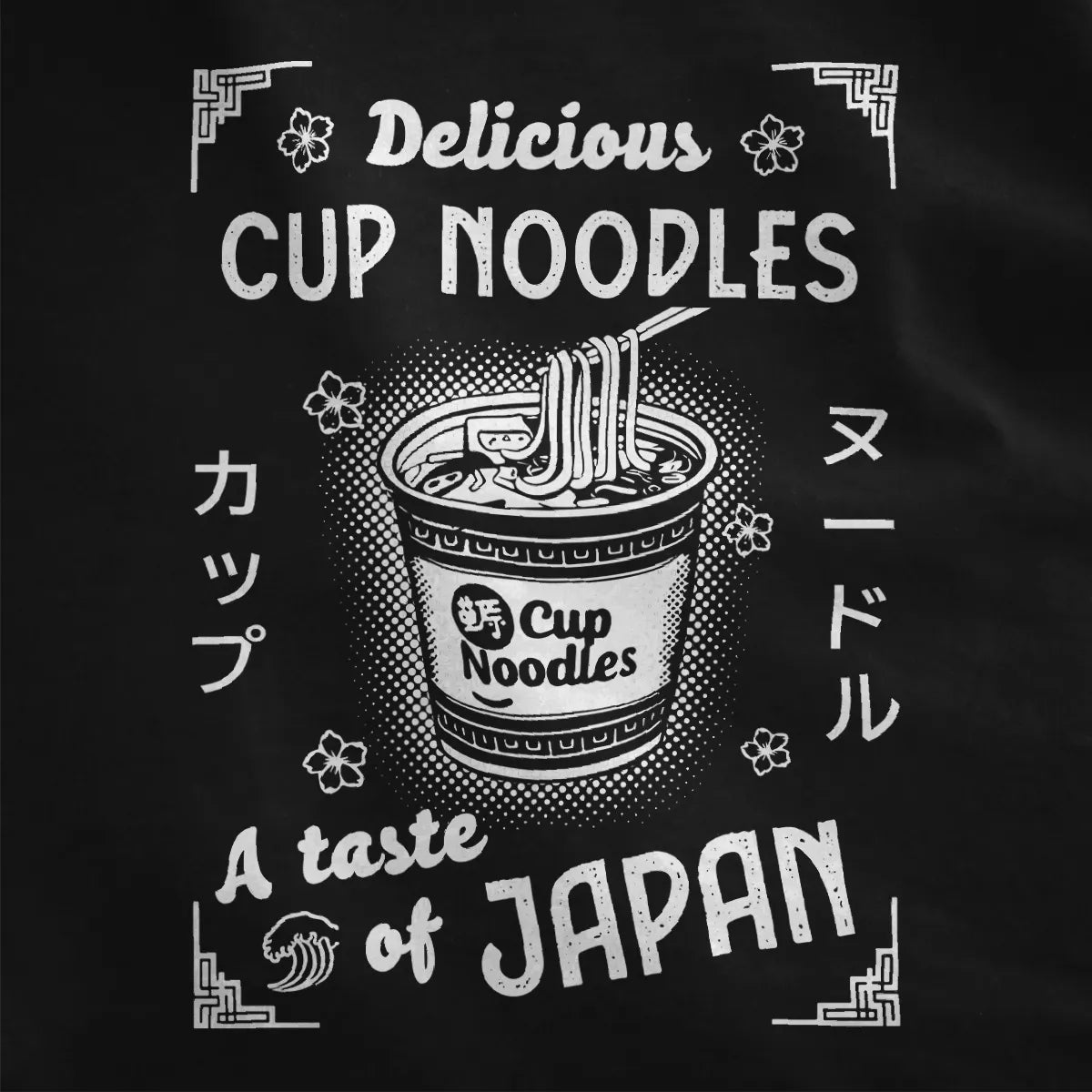 Black shirt close-up with cup noodles graphic, chopsticks, and Japanese text, t shirt design graphic, foodie style.