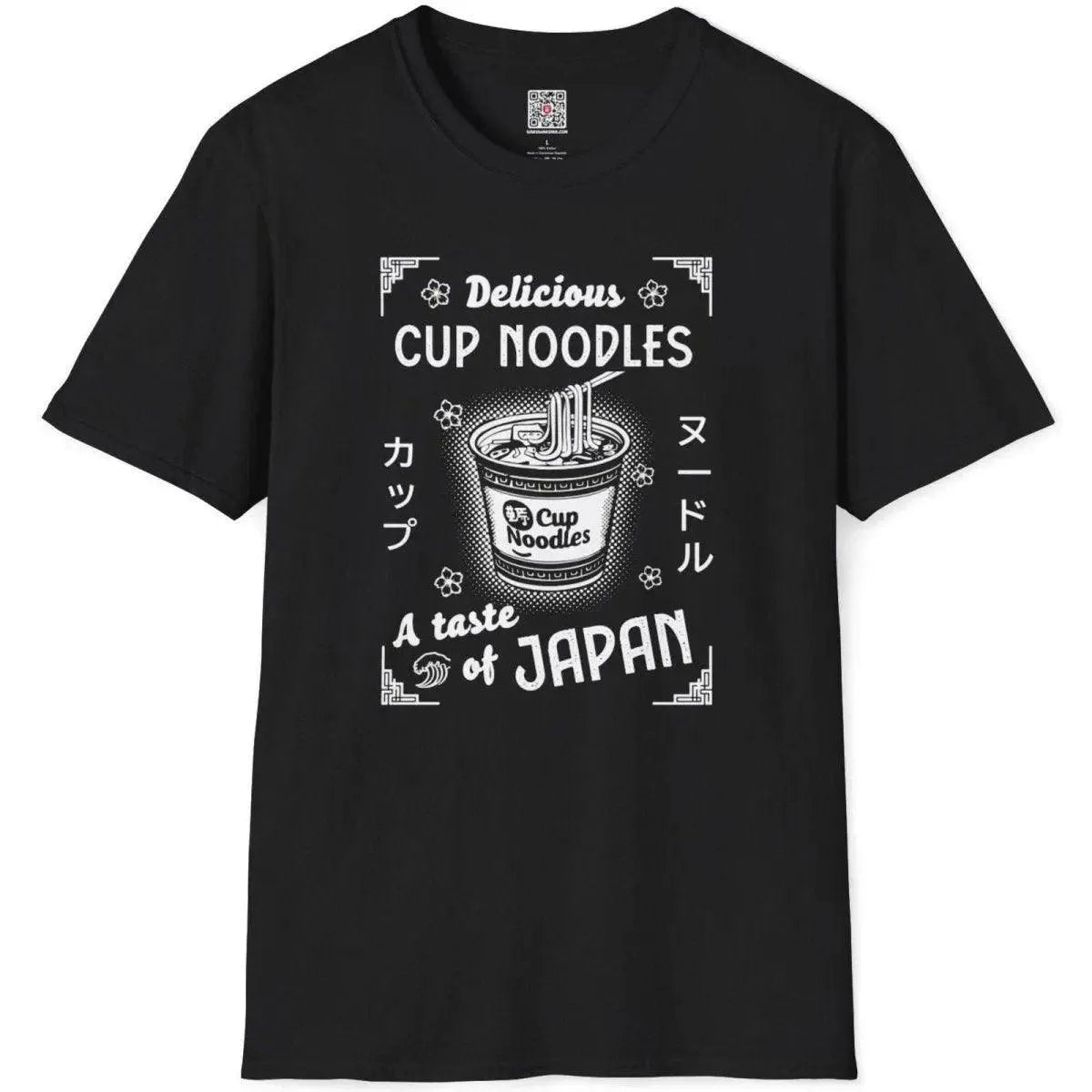 Flat black t-shirt with cup noodles illustration, bold text, and floral wave accents, japan aesthetic clothes.