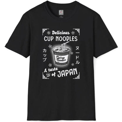 Flat black t-shirt with cup noodles illustration, bold text, and floral wave accents, japan aesthetic clothes.