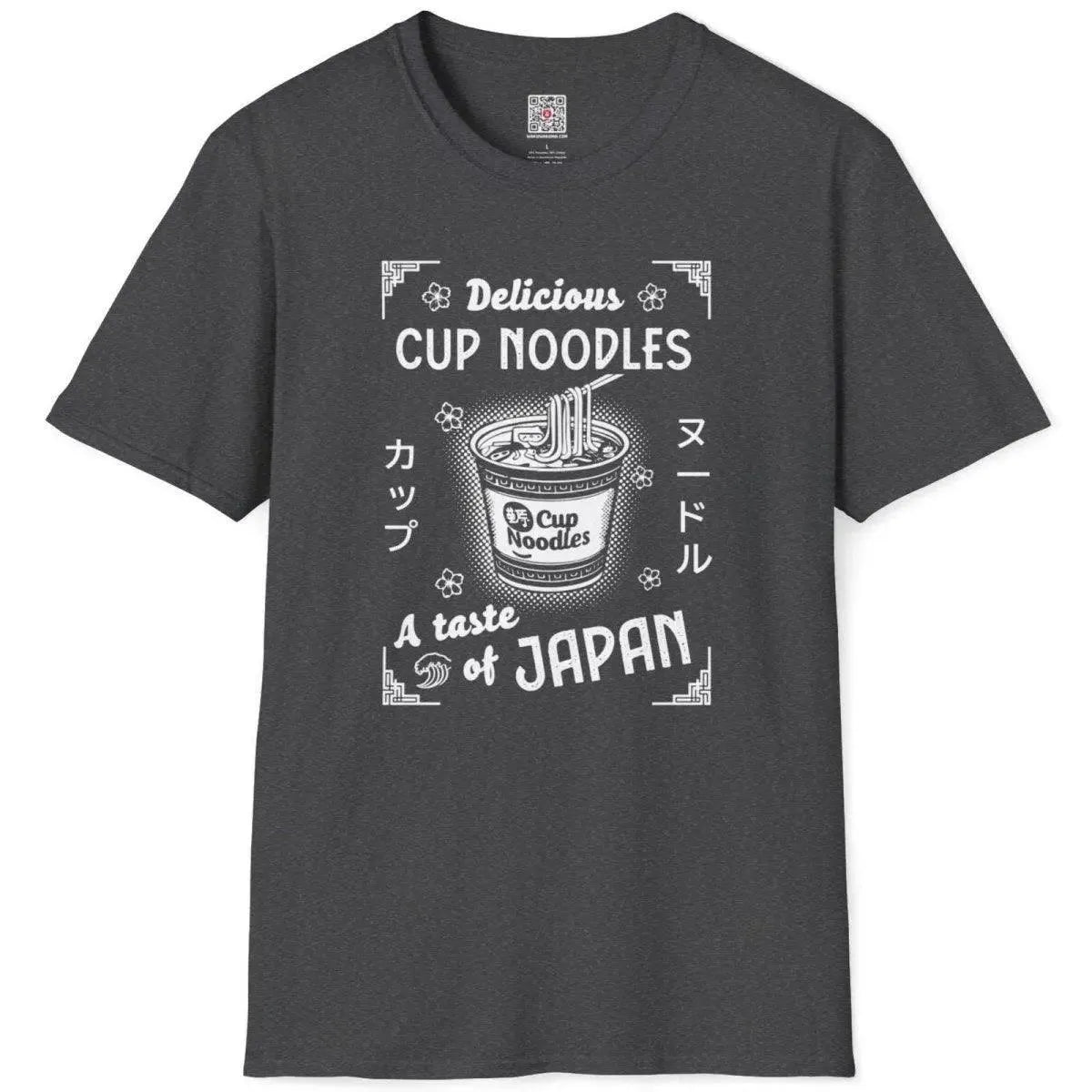 Flat dark heather shirt with cup noodles, stylized font, and floral wave border, japan cultural clothing.