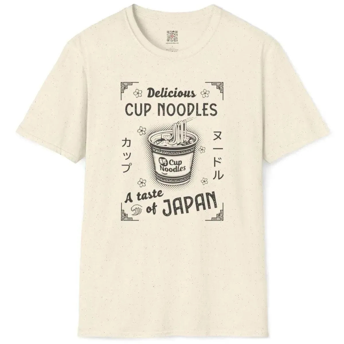 Flat natural shirt with cup noodles, chopsticks, and Japanese motifs, cup noodle ramen, foodie style.