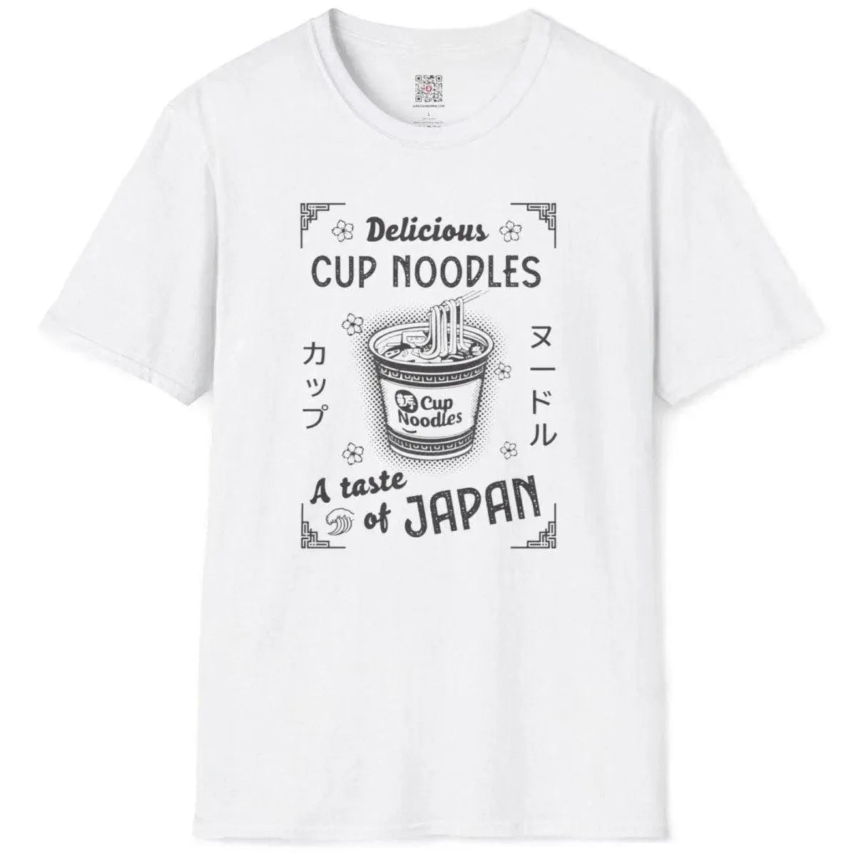 Flat white t-shirt with cup noodles, Japanese characters, and “A taste of JAPAN” phrase, japanese graphic tees.