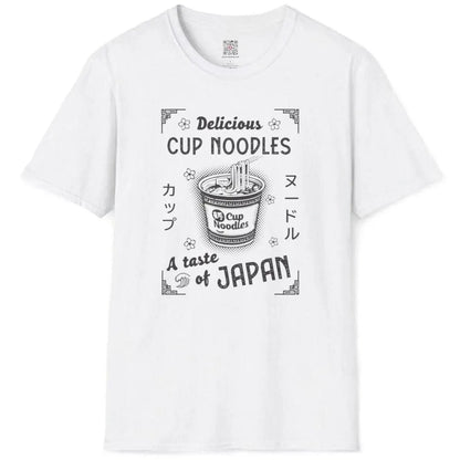 Flat white t-shirt with cup noodles, Japanese characters, and “A taste of JAPAN” phrase, japanese graphic tees.