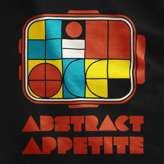 Abstract bento box on black shirt closeup, color blocking shirt, minimalist font, graphic design t shirt.