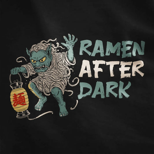 Ramen yokai t-shirt closeup on black, eerie noodle creature, lantern, and dynamic composition.