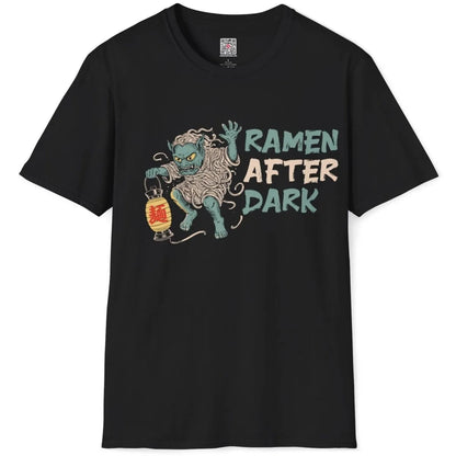Black ramen yokai t-shirt flatlay, yokai with ramen body, lantern, and urban ramen vibe.