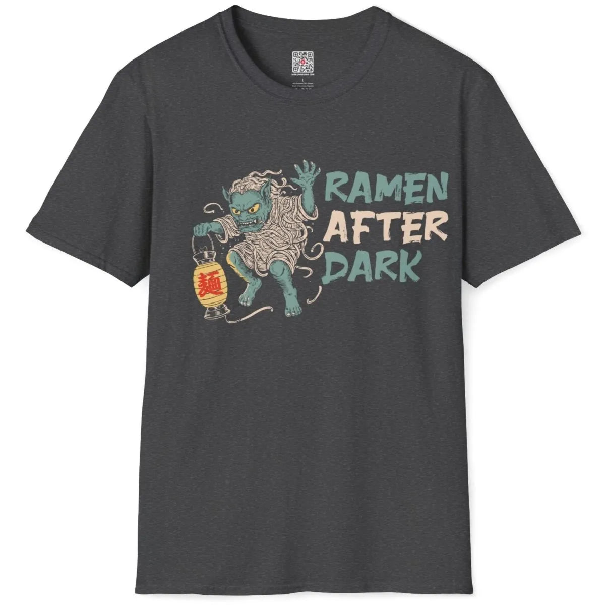 Dark heather ramen yokai t-shirt flatlay, ramen t-shirt with whimsical illustration and cultural hybrid.