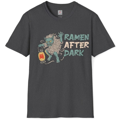 Dark heather ramen yokai t-shirt flatlay, ramen t-shirt with whimsical illustration and cultural hybrid.