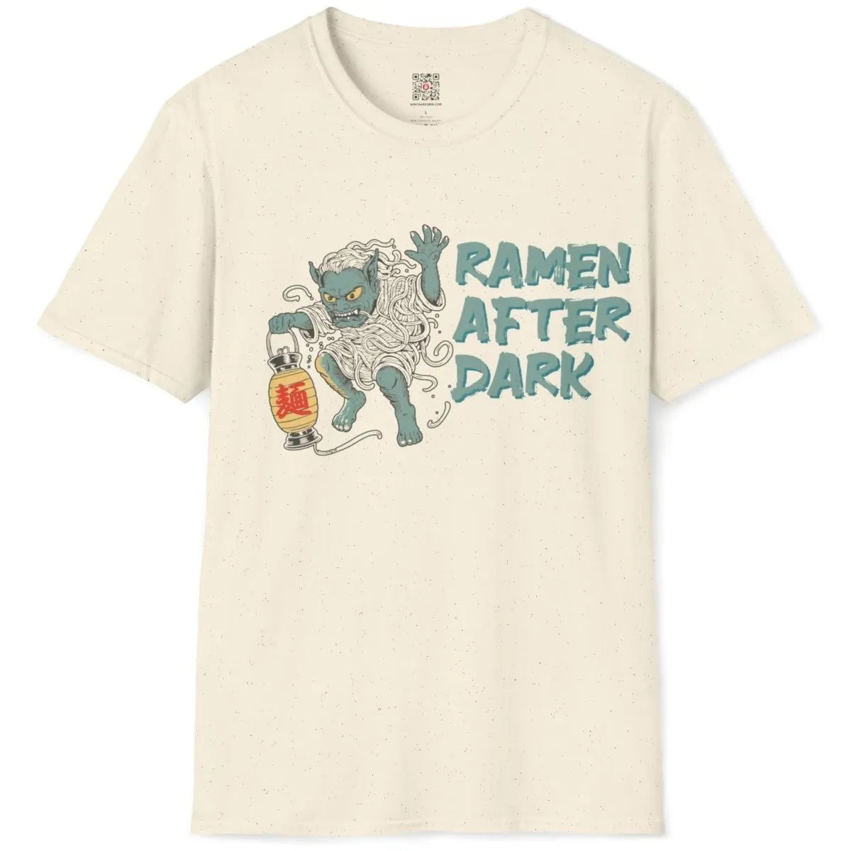 Natural ramen yokai t-shirt flatlay, monster sushi, lantern, and night scene.