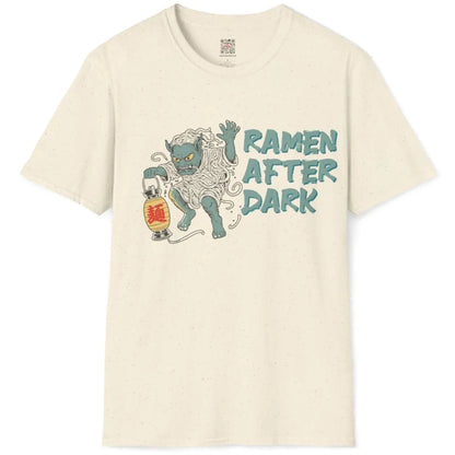 Natural ramen yokai t-shirt flatlay, monster sushi, lantern, and night scene.