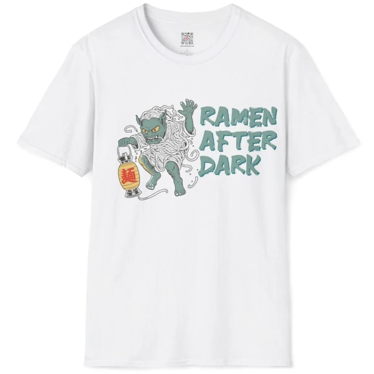 White ramen yokai t-shirt flatlay, ramen after dark theme, fierce noodle monster, and brush-stroke text.