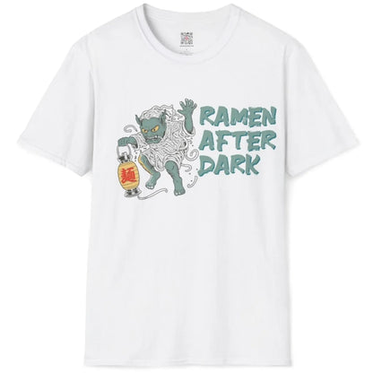 White ramen yokai t-shirt flatlay, ramen after dark theme, fierce noodle monster, and brush-stroke text.