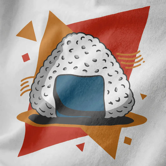 Stylized onigiri with blue nori and geometric backdrop on white fabric, vibrant graphic design t shirt.