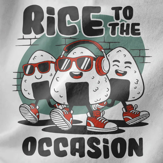 Close-up of playful onigiri characters with sneakers and sunglasses on white t-shirt, japanese t-shirts, urban vibe.