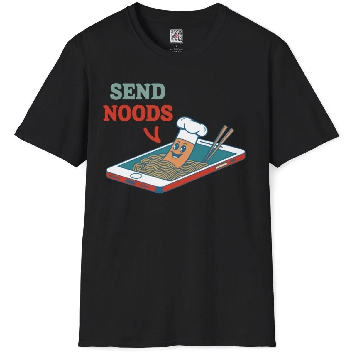 Black flatlay t-shirt with “SEND NOODS” digital art, animated noodles, and chopsticks, junk food shirt, cyberpunk t shirt.