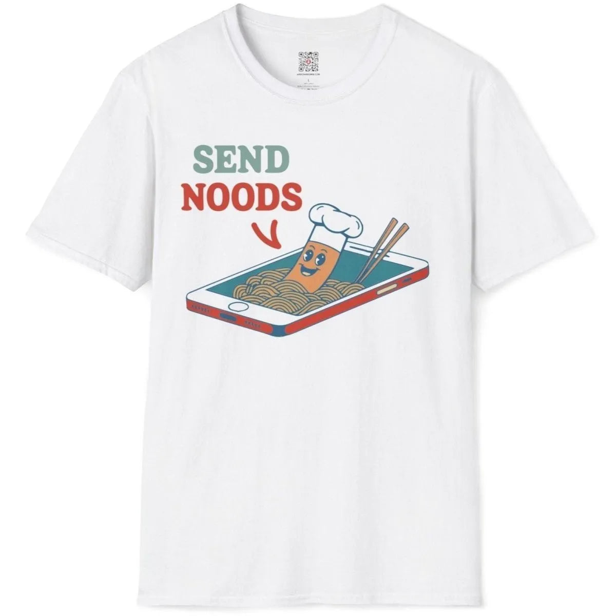 White flatlay t-shirt with cheerful noodle character and “SEND NOODS” phrase, noodle shirt, funny shirts with sayings.
