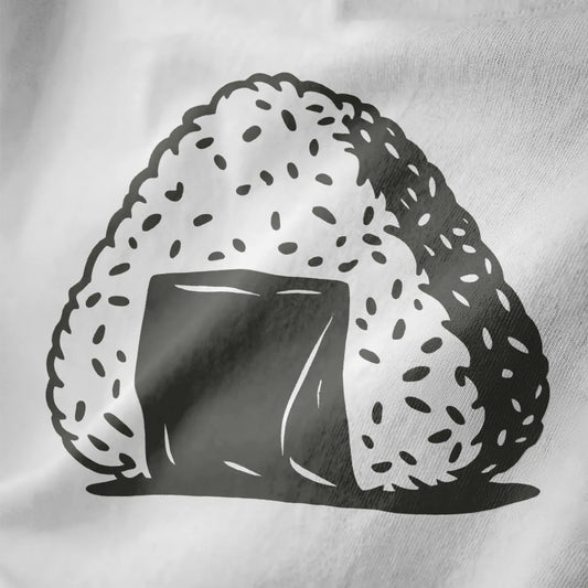 Soft white fabric close-up with minimalist onigiri rice ball and nori design, japanese t-shirts, soft palette.