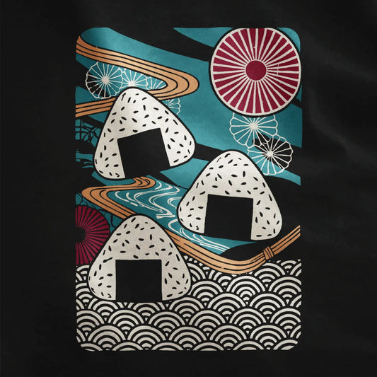 Black closeup of whimsical onigiri landscape, junk food shirt, traditional japanese art.