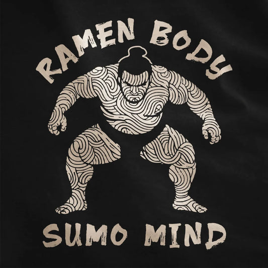 Ramen sumo in swirling noodles on black shirt, ramen shirt, cultural symbolism.