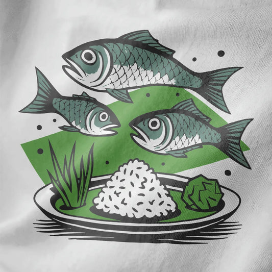 Three floating fish above rice and garnish on white shirt, japanese t-shirts, sushi art.