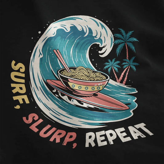 Black fabric close-up showing dynamic wave, floral ramen bowl, and playful "Surf, Slurp, Repeat" lettering.