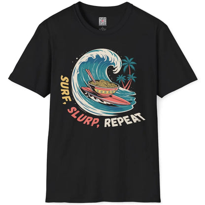 Black t-shirt flatlay with whimsical wave, steaming ramen bowl, and colorful tropical surf culture design.