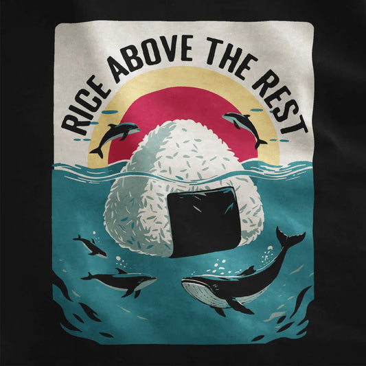 Black fabric close-up showing bold onigiri rice ball, nori seaweed wrap, and playful marine life details.