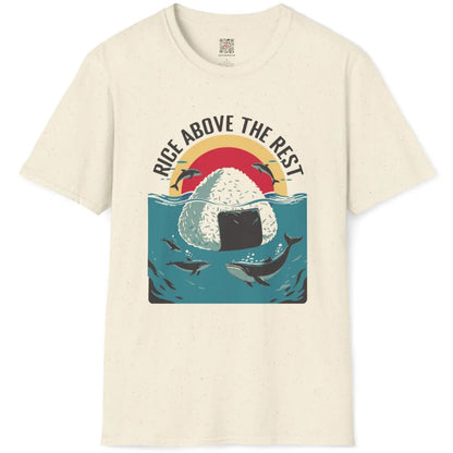 Natural t-shirt flatlay with creative rice ball, marine animals, and warm sun halo in vibrant background.