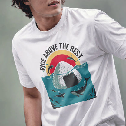 Male model wears white t-shirt featuring whimsical onigiri island, dolphins, whales, and “Rice Above the Rest” text.