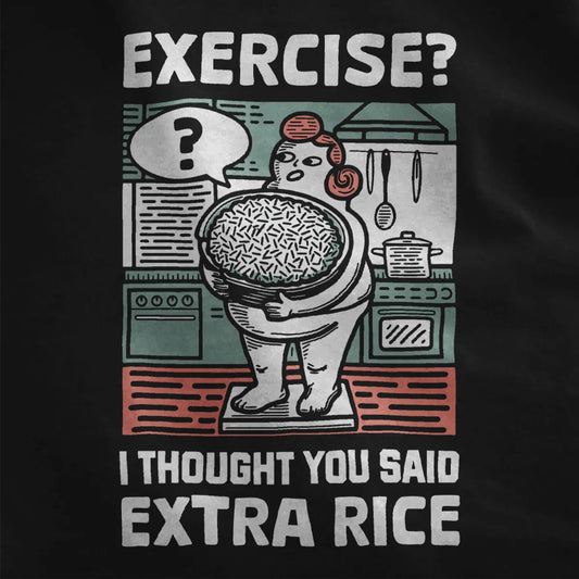 Closeup black fabric, kitchen scene with rice bowl and playful character, humorous quote, bold text fonts.