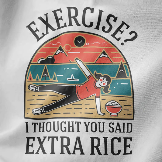 Close-up of vibrant side plank rice bowl design on white shirt, with bold text and mountain landscape.