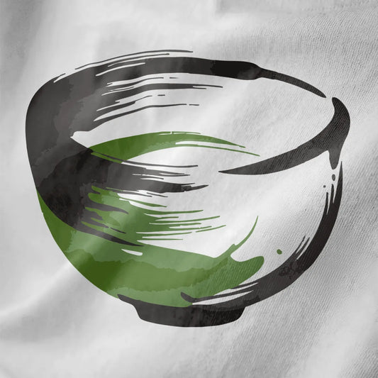 Minimalist matcha bowl brushstroke art on white fabric, calming colors and artistic symbolism.