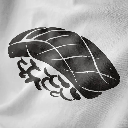 Stylized nigiri sushi brushstroke art on white fabric, minimalist sushi design with bold contrast.